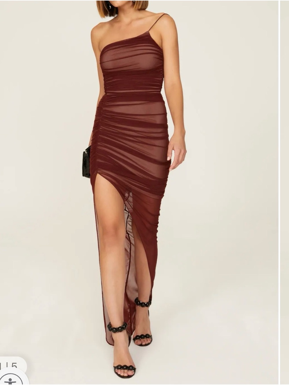 Nookie One-Shoulder Ruched Mesh Gown in Burgundy